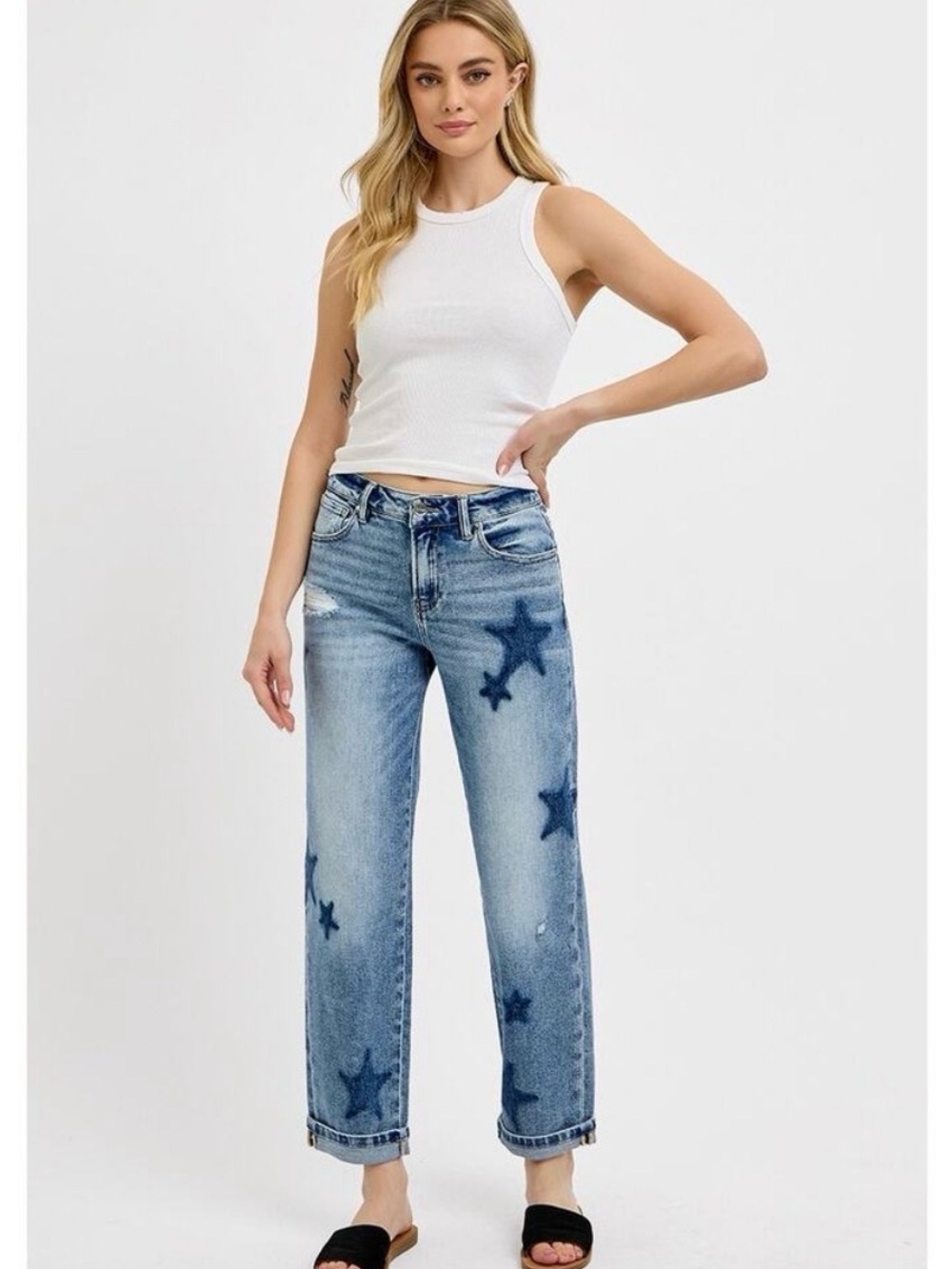 RISEN Mid Rise Boyfriend Star Shadow Detail Jeans